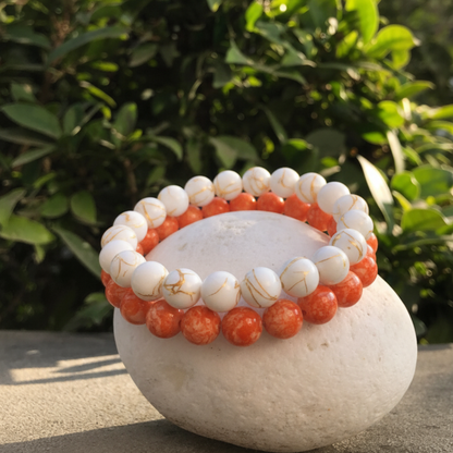 Double Bracelet White & Orange Marble Bead Stack Set